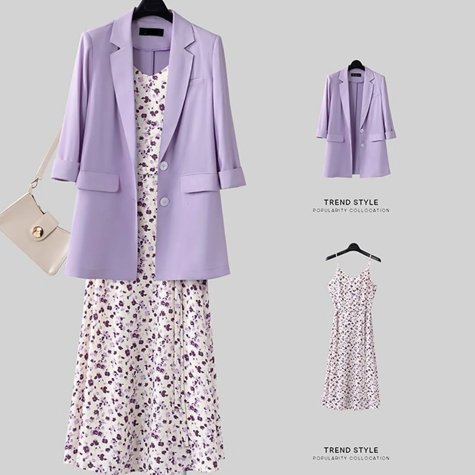 Elegant Clothing Set 2024 Summer Women Korean Graceful Leisure Suit Coat Chiffon Sling Dress Sets Lady Office Purple Jacket