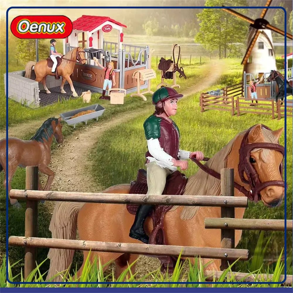 Realistic Horse Farm Corral Fence Equestrian Animal Figurines with Coffee House Miniature Barn Scene Model Home Decoration