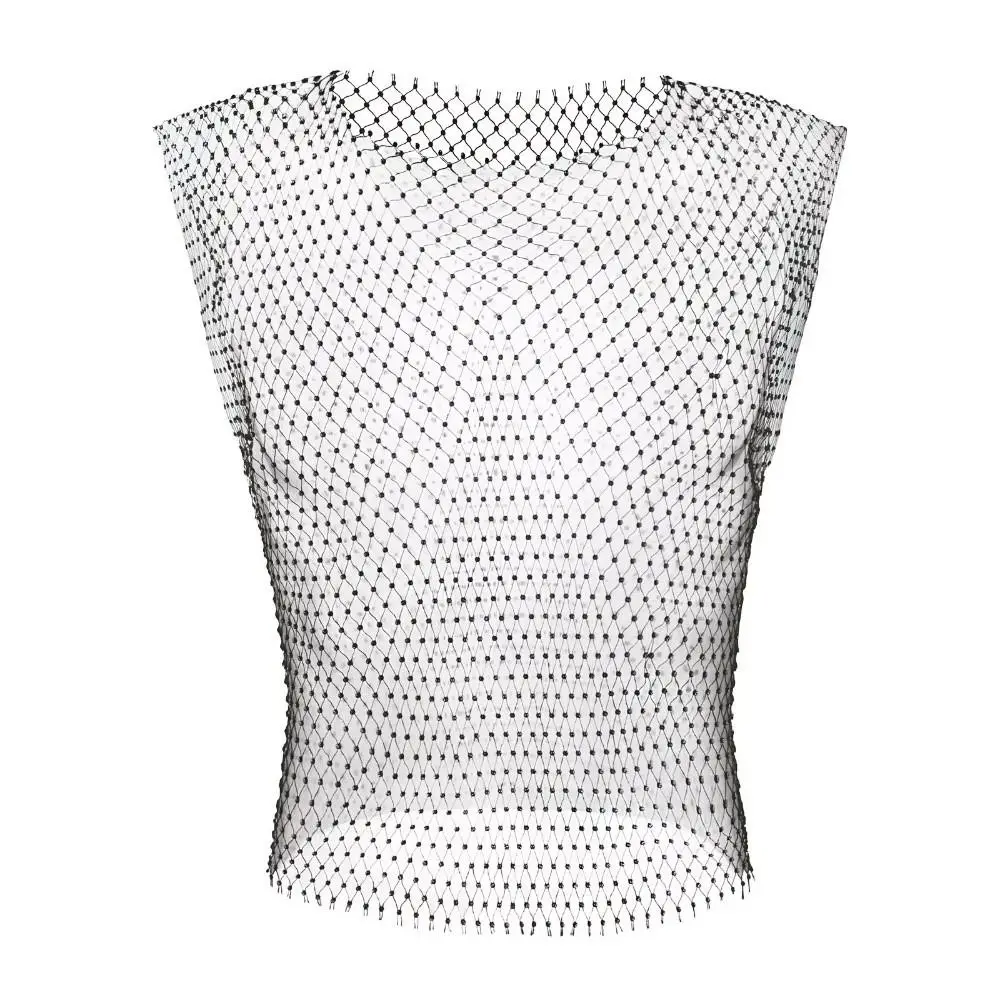 Nightclub performances Rhinestone Decorated Men Tank Tops Hollow Design Tight Fit Mesh T-Shirt Elastic Fabric Sleeveless T-Shirt