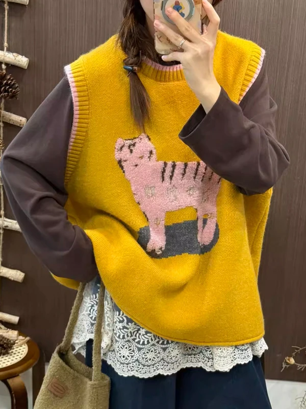 Lu een Gilet lavorato a maglia da donna di grandi dimensioni con motivo a strati Versatile autunno inverno Faion Casual Sle round Ne Design