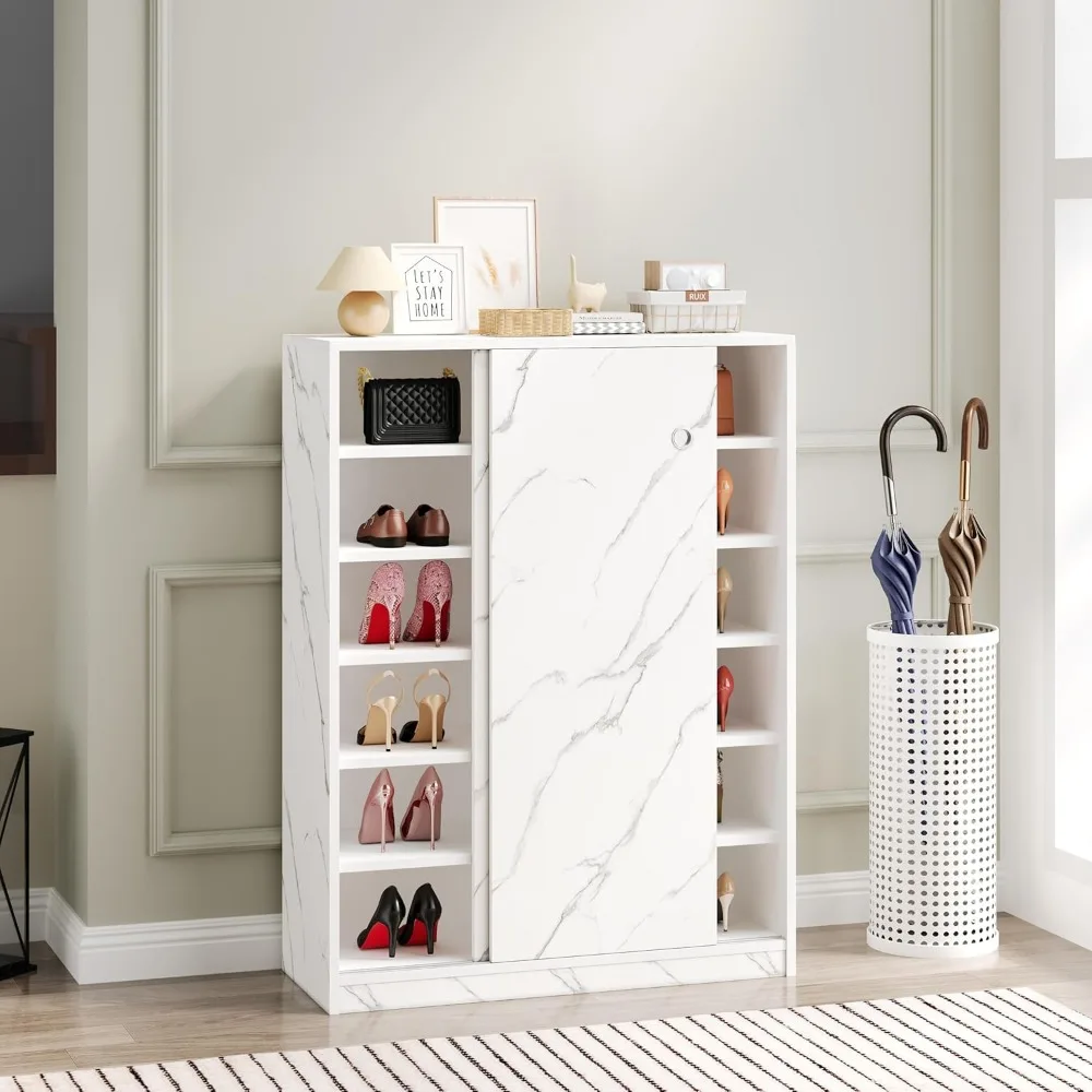 6-Tier Wooden Shoe Cabinet with Sliding Door for Compact Storage in Entrance Hallway