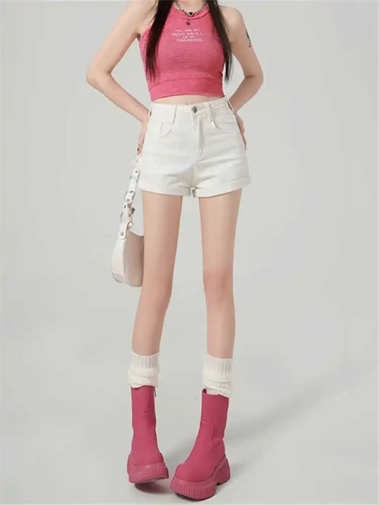 High Waist Thin Denim Short Pants Women's American Style Hot Girl Slimming Cuffed Casual Slimming A-Line Hot Pants Summer