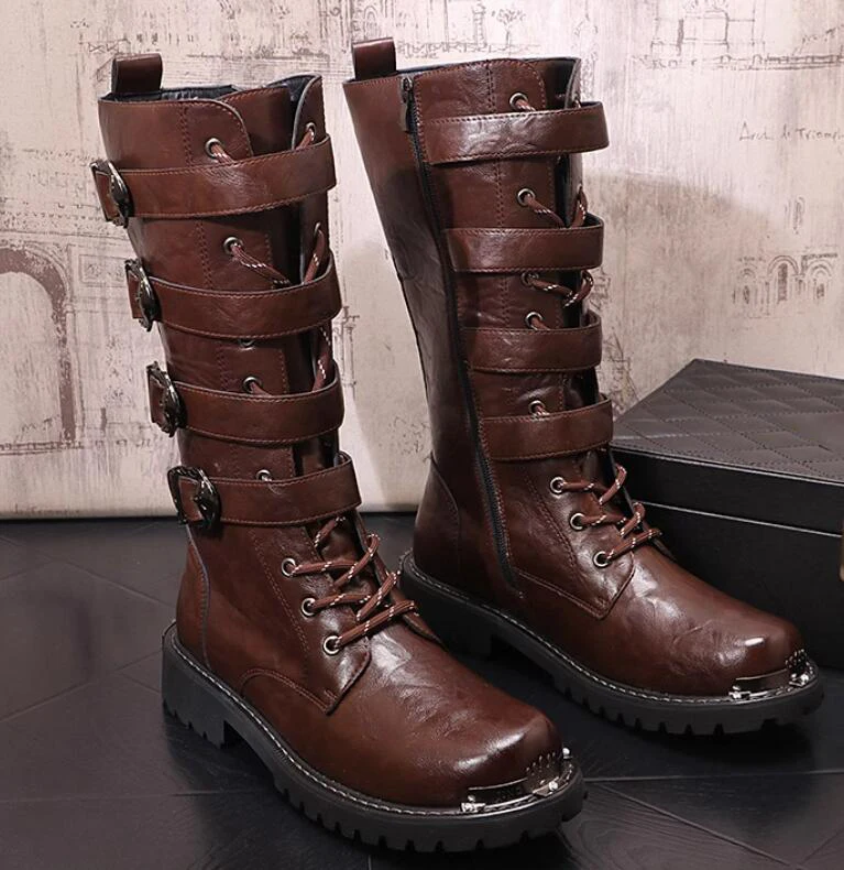 

British Style Buckle Strap Metal Studs Round Toe Man Western Boots Side Zipper brown black Chelsea Boots Shoes Zapato Hombres