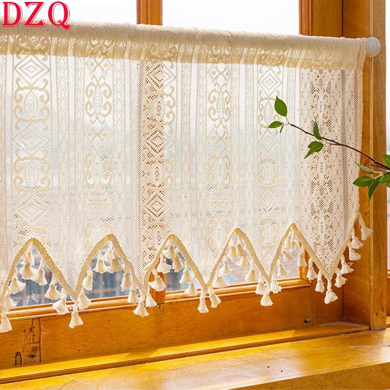 

American Country Crochet LInen Tassel Hollow Short Curtains for Kitchen Manual Geometric Pattern Half Curtains Living Room #A434