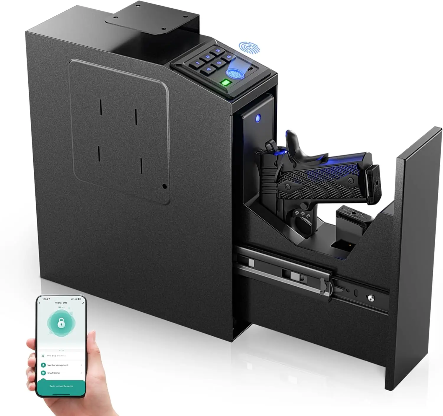 Gun safe, Biometric Slider safe for handgun, 4 Ways Unlock with Fingerprint, Key Access, PIN Code, Mounted Nightstand Pistol Saf
