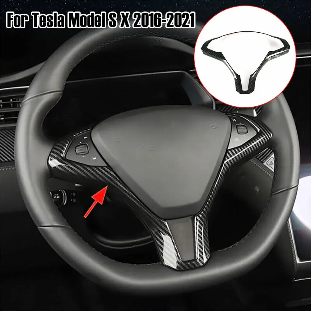 For Tesla Model X and Model S 2016-2021 ABS Carbon Fiber Style Inner Car Steering Wheel Panel Cover Trim Frame Decor Silver ABS