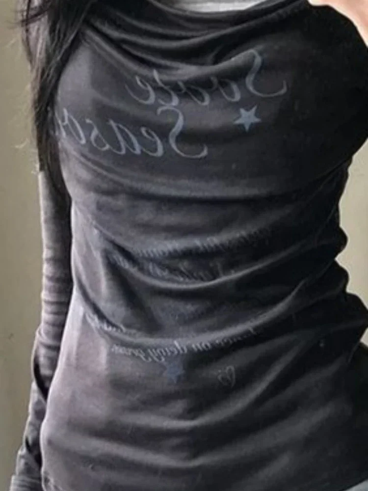 

Винтажная футболка Y2K в стиле Харадзюку с полосками и лоскутным узором, имитация двухслойности, женский повседневный облегающий топ