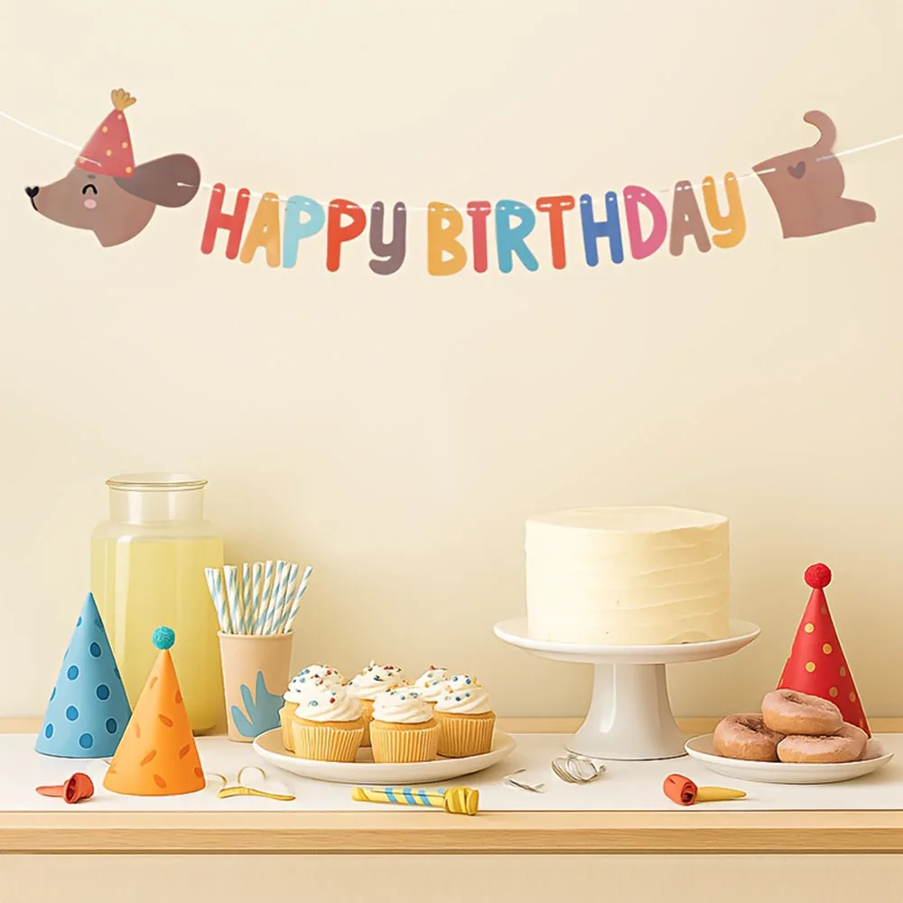 Décoration de gâteau d'anniversaire sur le thème du chien Teckel, bannière Joyeux Anniversaire, drapeau à tirer, décoration de fête pour animaux de compagnie Teckel, accessoires photo