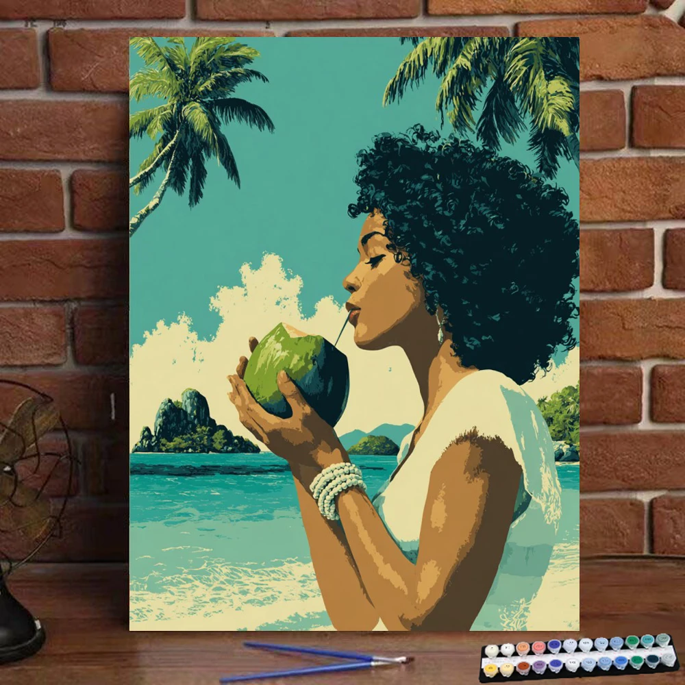 Painting by Numbers Oil colored Colorful woman  drinks coconut Digital Painting Handmade Adult Children Gift Wall Decoration D