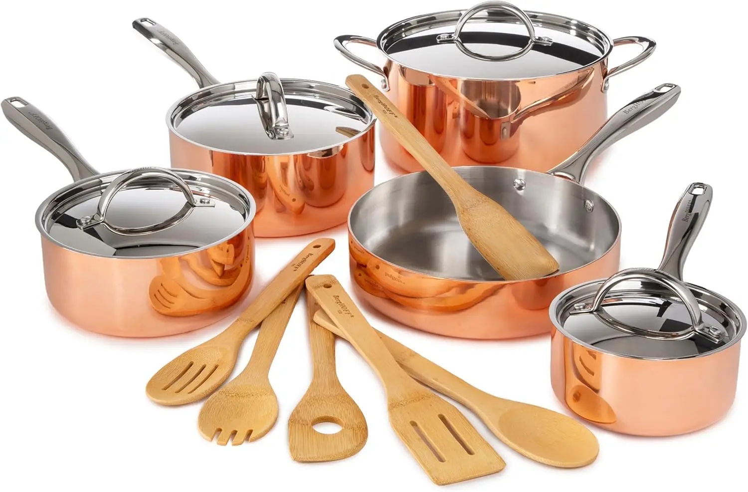 Berghoff Vintage 15Pc Tri-Ply Copper Cookware Set With Stainless Steel Lids, 10Pc 18/10 Stainless Steel Pots And Pans And 5Pc