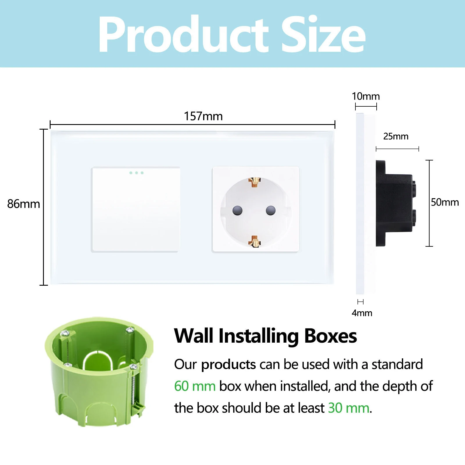 Light Switch With Socket Single 1-Way,Glass Plate Wall Switch With 16 A EU Socket,Physical Button Switch With Socket 157mm 228mm