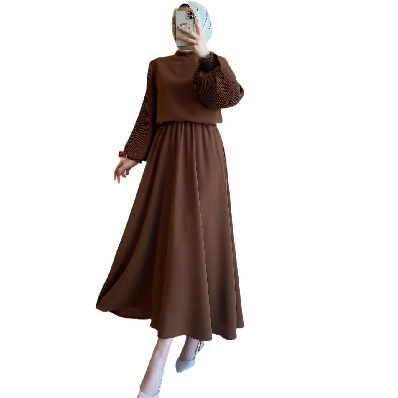 Women Eid Muslim Dresses Dubai Morocco Lantern Sleeve O Neck Party Dress Pleated Solid Loose Casual Long Robe Kaftan Abayas