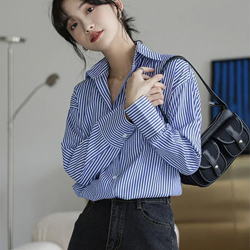 French Style Fashion Casual Original Design Striped Long Sleeved Shirt Autumn Versatile Commuting Vintage Popular Women\'s Top