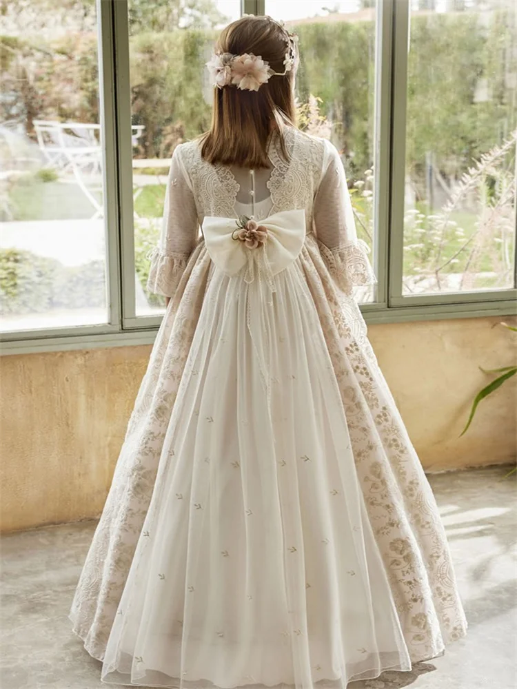 Vestidos floridos para meninas, meia manga, aplique de renda, cetim, fofo, até o chão, primeira comunhão, vestidos de princesa para casamento