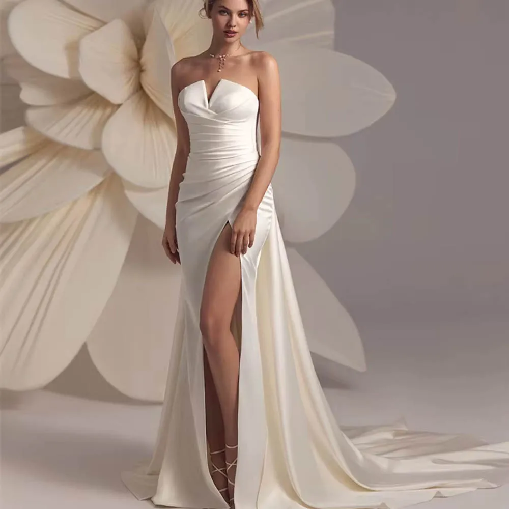 Customized Strapless Satin Wedding Dress For Woman Bride V-Neckline Removable Puff Sleeves High Slit Open Lace-Up Bridal Gown