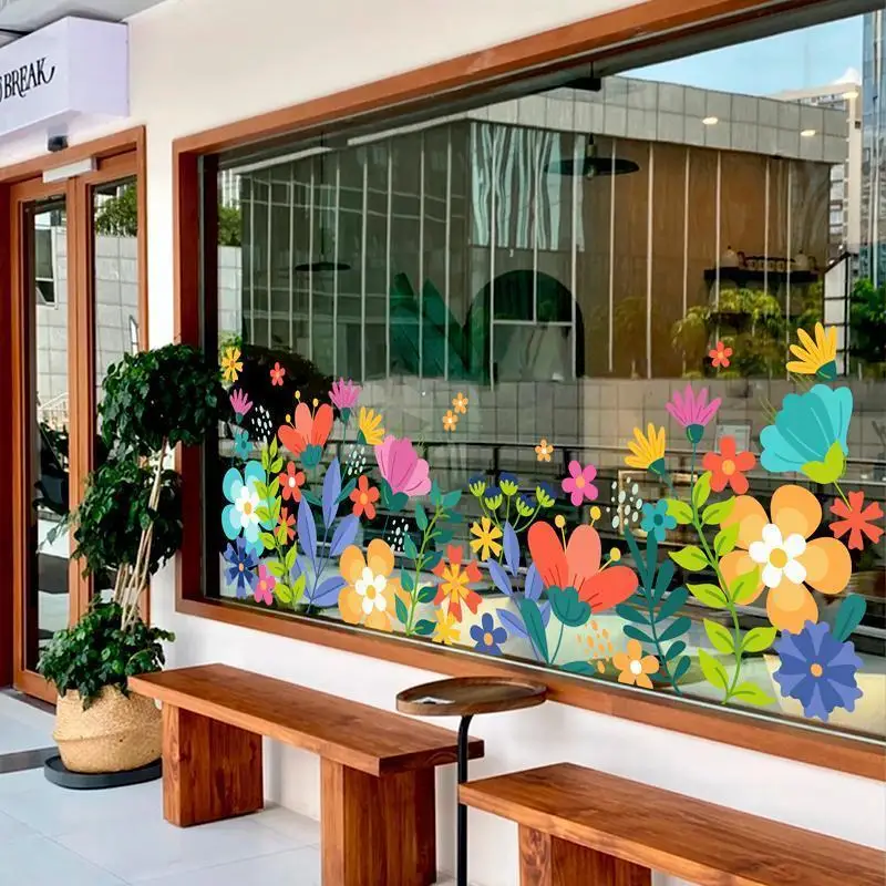 

European Style Colorful Little Flower Creative Stickers Shop Glass Window Film Decorations Electrostatic Adsorption Door Decor