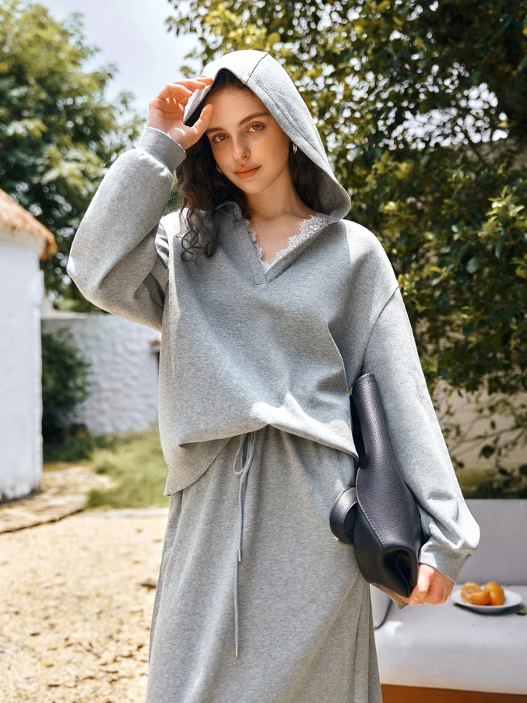 OLrain Casual Hooded Sweatshirts Woman Lace Panels V-neck Loose Knitted Hoodies 2025 Autumn Woman Fashion Clothes O57QR001082