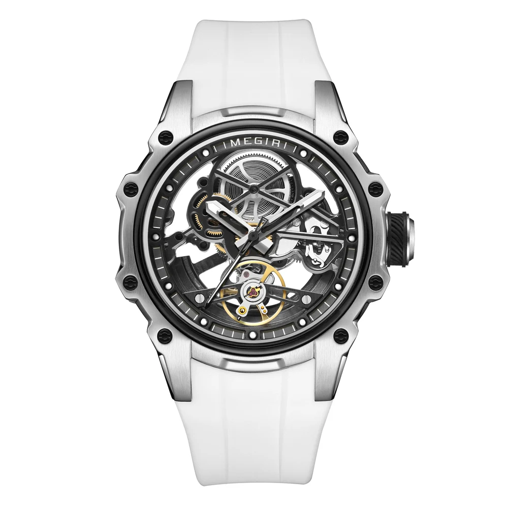 MEGIR 2243 Octagonal Skeleton Auto Watch Men Luminous Dial Stainless Steel Silicone Strap Pin Buckle Luxury Hollow Male Gift image 2