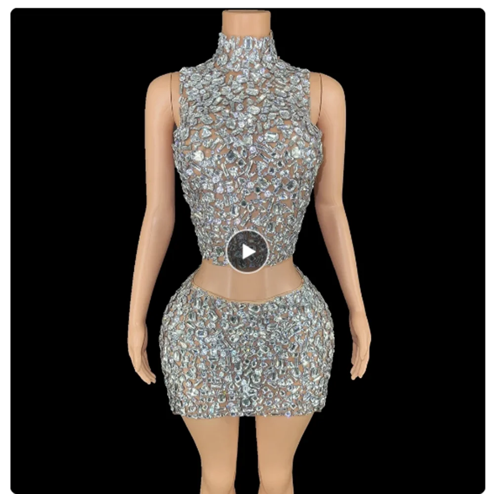 Sparkly Crystals Top Backless Short Skirt Two Pieces Sexy Mesh Transparent Celebrate Evening Prom Birthday Dress Show Stage Wear