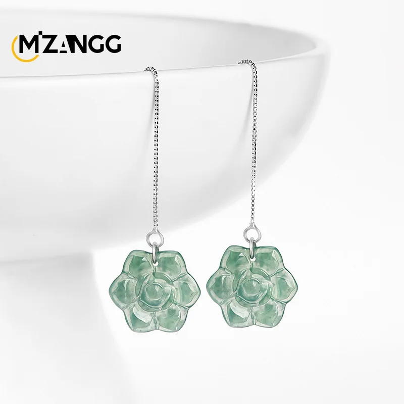 

Natural A-goods Jadeite Blue Water Rose Ear Wire S925 Silver Inlaid Hand-carved Fashion Exquisite Ice Jade Earrings Ladies Gift