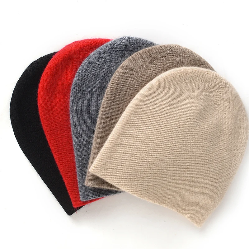 2024 New Winter 100% Goat Cashmere Knitted Headgears Women Keep Warm Beanie Hat High Quality Solid Casual Hedging Cap Skullies