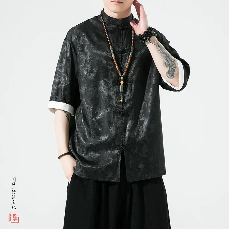 الرجال الملابس النمط الصيني تانغ دعوى الجاكار نصف كم قميص الكونغ فو معاطف الربيع الصيف فضفاض الساتان بلوزة الرجال قميص