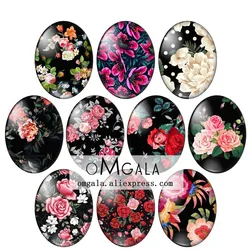 Black Background Red Rose Flowers 10pcs 13x18mm/18x25mm/30x40mm Oval photo glass cabochon demo flat back Making findings