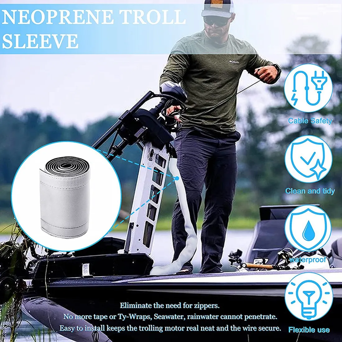 ใหม่ Neoprene Troll Sleeve, Trolling Motor Wires/Cable Organizer Sleeve - สีดํา/สีขาว (1 แพ็ค),60 นิ้ว