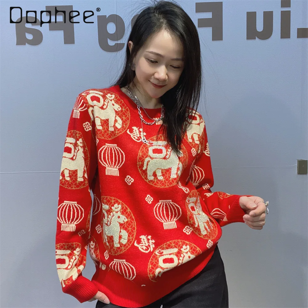 

New Year Red Round Neck Pullover Sweater for Women Autumn and Winter Design with Rhinestones Cartoon Knitted Long Sleeve Top