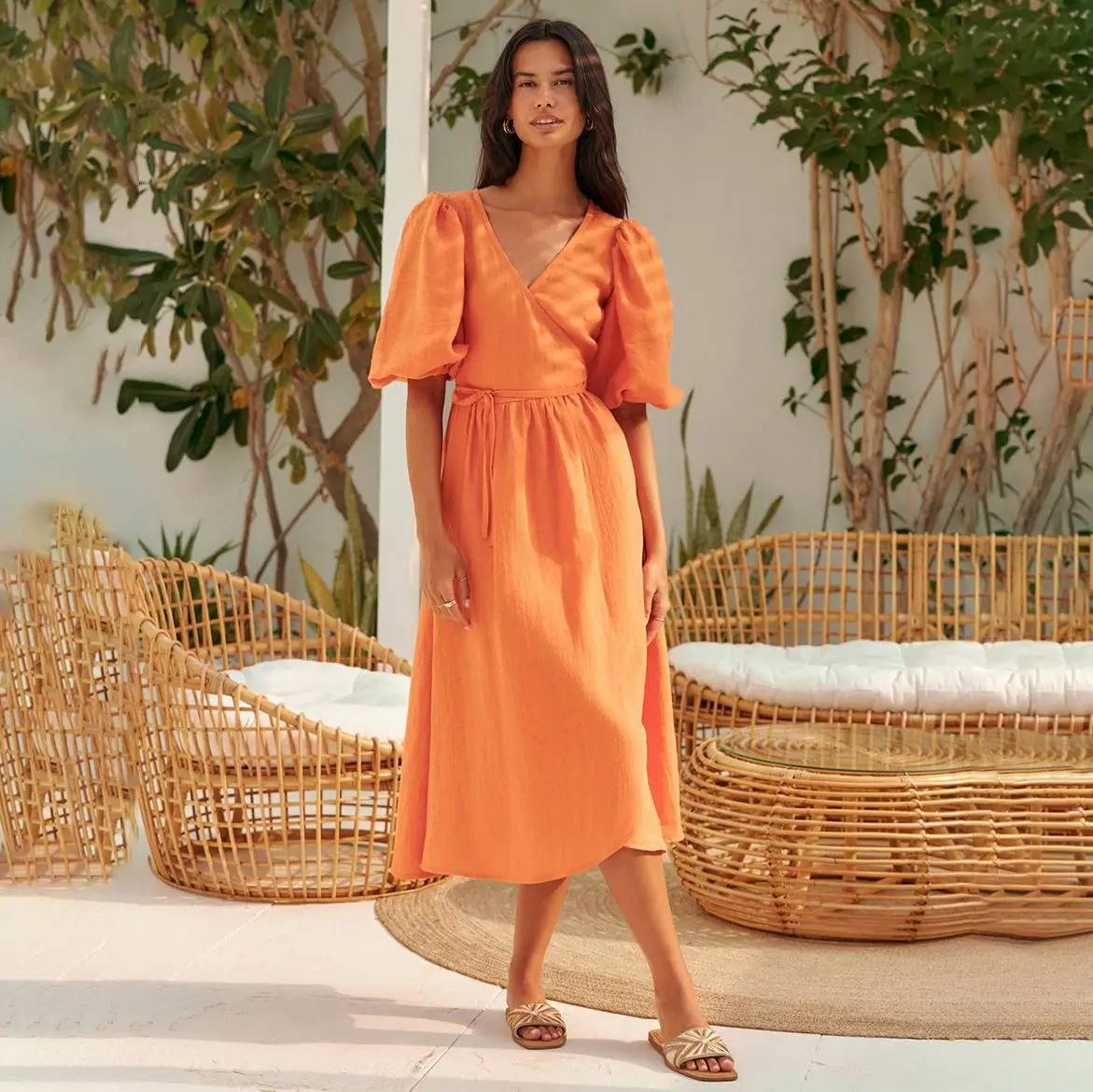 100% algodón mujer moda Puff manga cuello pico vestido largo cintura alta elegante Boho Maxi vestido Vestidos ropa