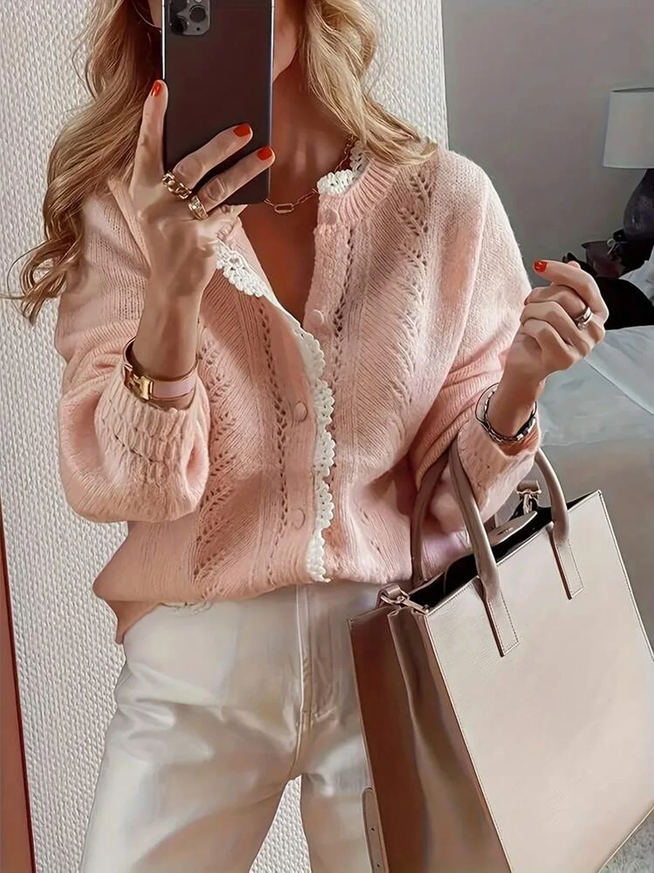 

Autumn Winter New Fashion Women Elegant Long Sleeved Lace Patchwork Cardigan Female Knitted Sweater