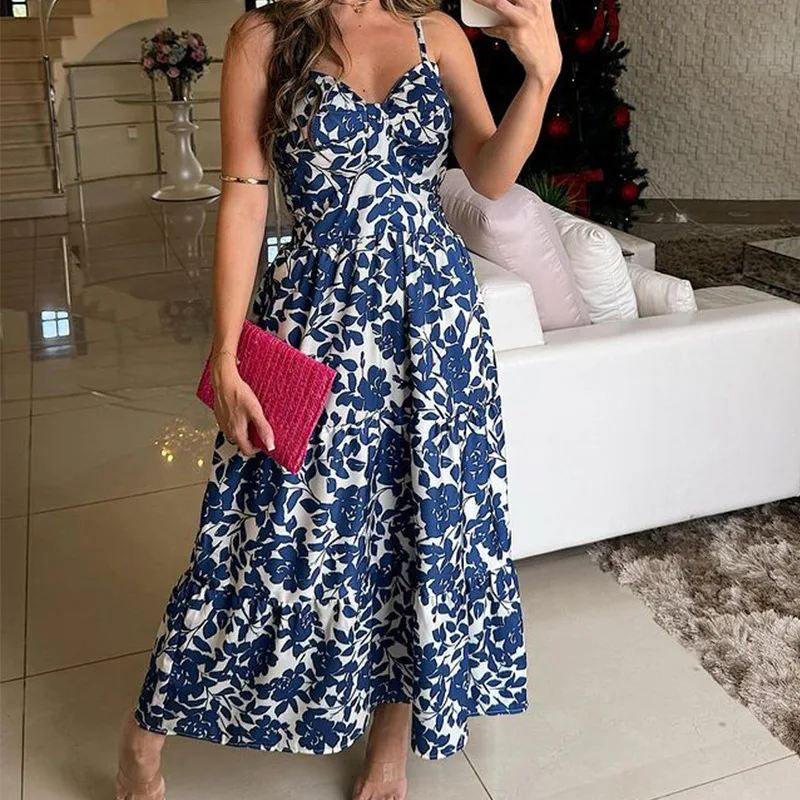 Bohemian Beach Sundresses For Women Fashion Floral Printed Sexy Sling Maxi Dresses Oversized Ladies Casual Long Dress