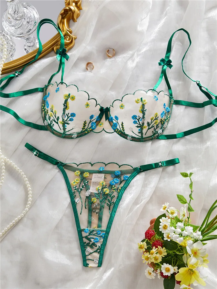 

Сексуальный бюстгальтер и короткие комплекты, женское романтическое белье с вышивкой и цветочным принтом, зеленое прозрачное кружевное нижнее белье, трусики, прозрачный экзотический комплект