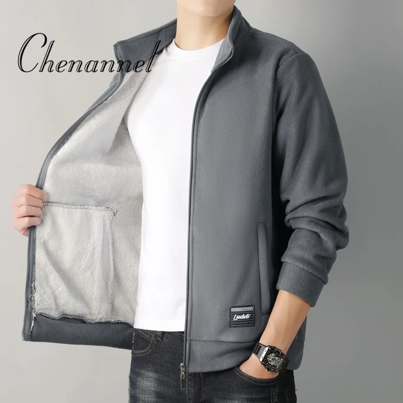 Otoño Invierno Polar abrigo con cuello levantado hombres más lana gruesa Sudadera con capucha cálida chaqueta de lana Casual cárdigan a prueba de viento hombres