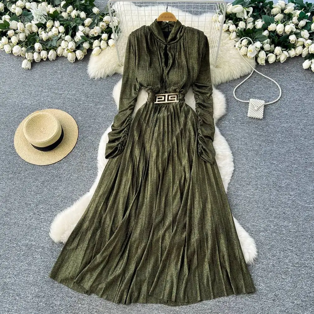 

Chic vintage long sleeve pleated Elegant Fairy office lady hotsweet Sundress women clothing A-line dress