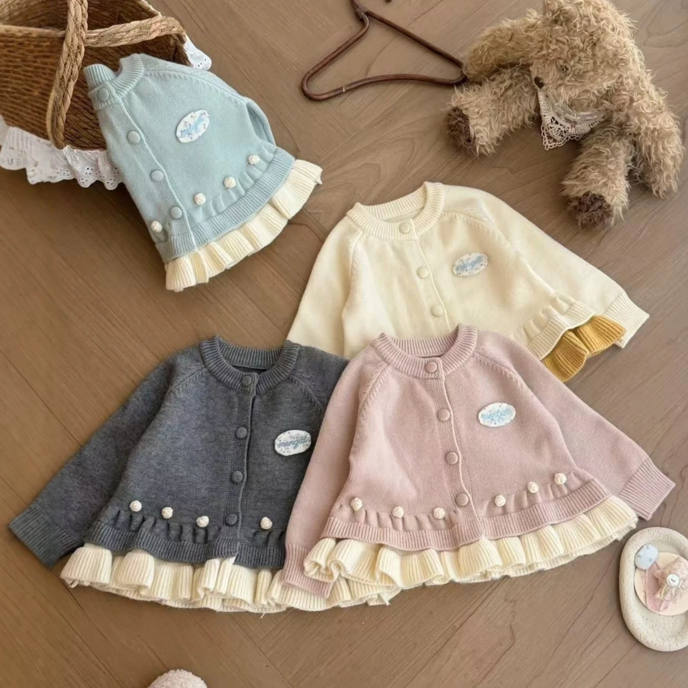 Girls Sweater 2026 Autumn and Winter New Childrens Clothing Korean Girl Baby Sweet Tape Cloth Wool Ball Lace Knitted Cardigan
