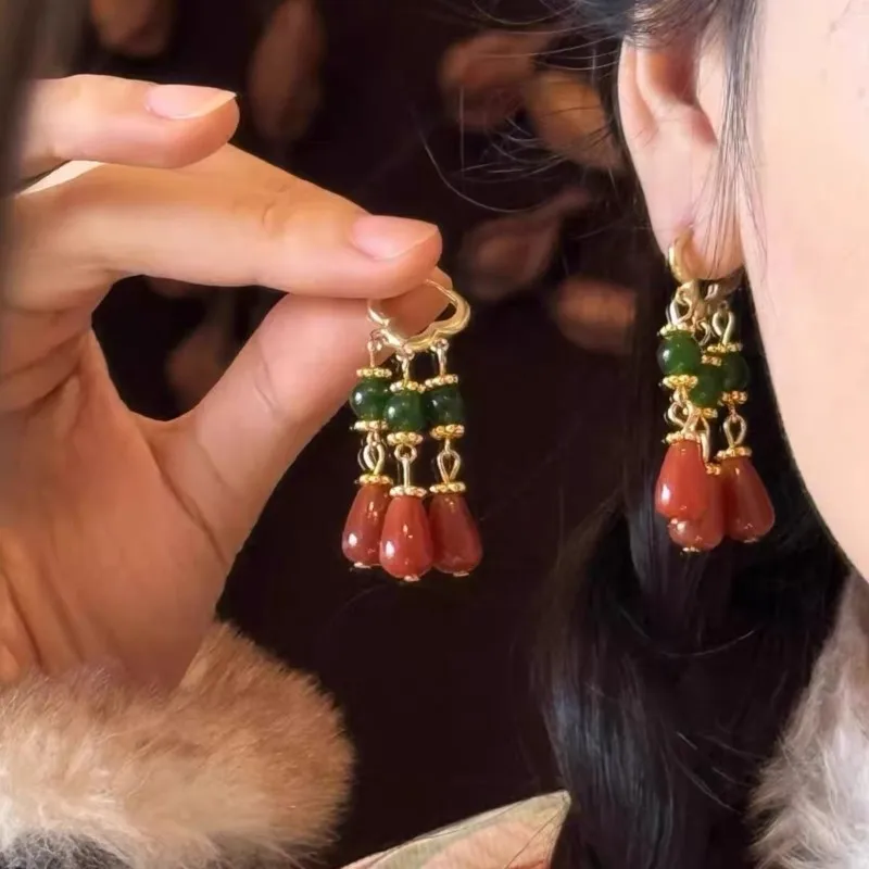 

VENTFILLE 925 Sterling Silver Agate Fringe Earrings for Women Ear Wire Chinese Court Vintage Gorgeous Jewelry Gift Dropshipping