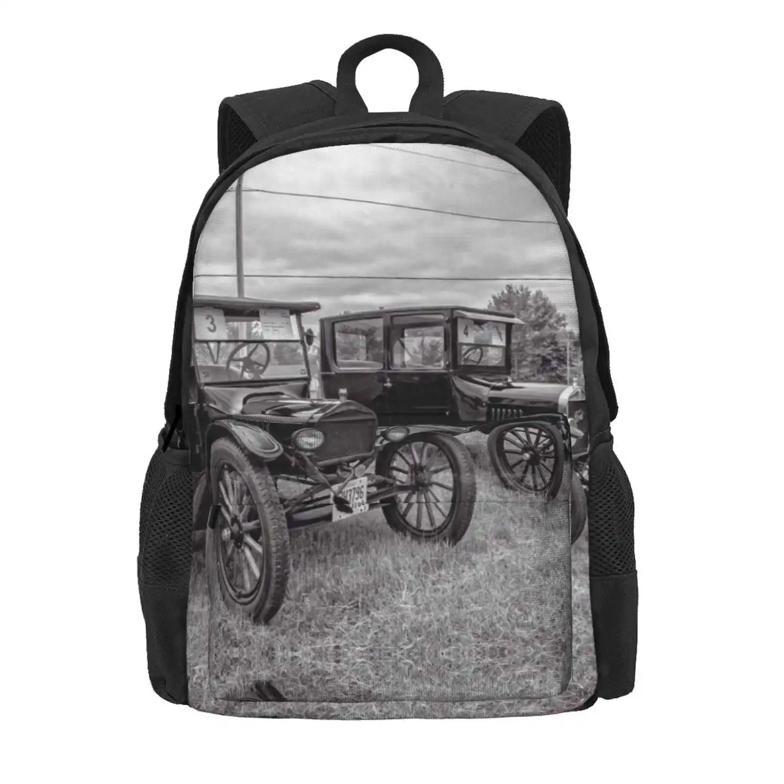 Tin Lizzies Hot Sale Schoolbag Backpack Fashion Bags Model T Ontario Automobiles Autos Cars Sedan Antique Classic Vintage Black