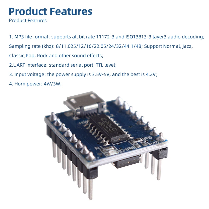 JQ6500 Voice Module MP3 Module MCU Serial Control Broadcast, One-to-One 5-Way Control, Music IC