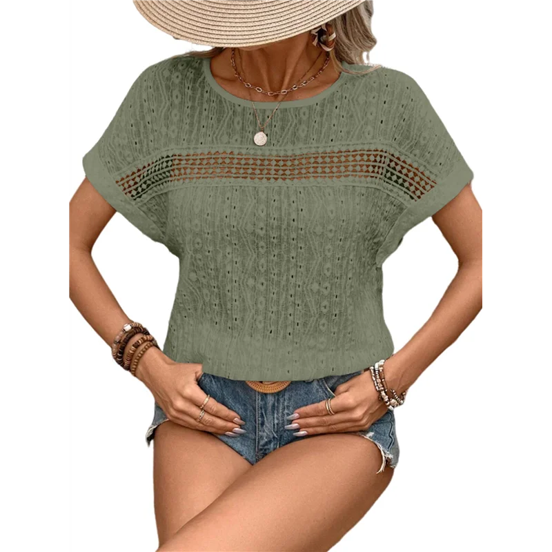 【SEE】Top da donna Casual Scollo rotondo Manica corta Ricamato in pizzo Camicie scavate Tunica ampia Camicette Boho in maglia