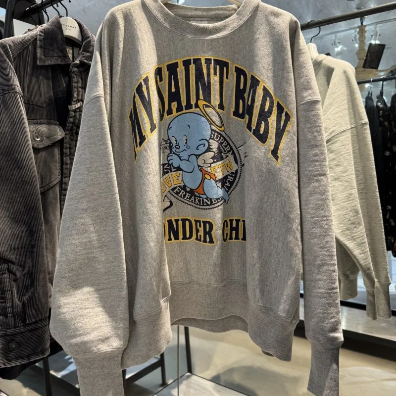 Oversized Men Women Winter Street Saint Sweatshirts High Quality Cotton Retro Washed Angel Print Letter Logo Round Neck Pullover
