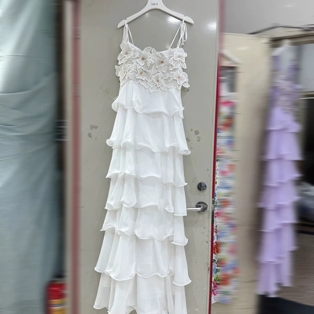 

French seaside holiday suspender dress romantic off-shoulder three-dimensional flower decoration sleeveless cake dress-GZXX360