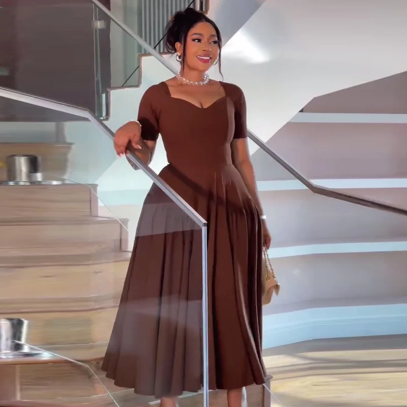 

New women's clothing temperament square neck short-sleeved high-waisted pendulum dress women's long skirt