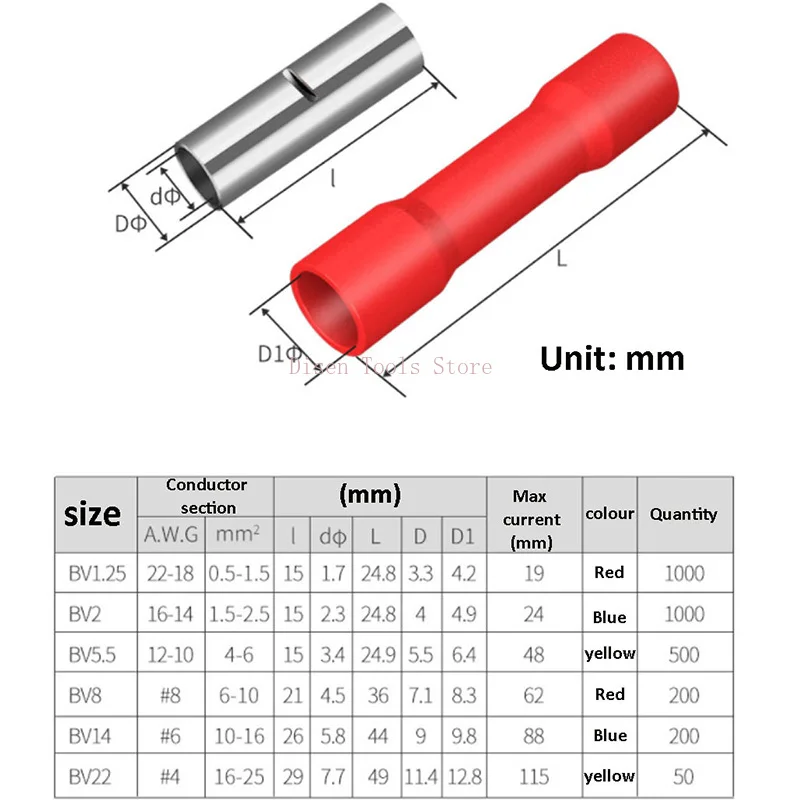 Tube Shaped Insulation Quick Connect Terminal BV1.25/2/3.5/5.5/8 Intermediate Docking Cold Pressed Terminal Block