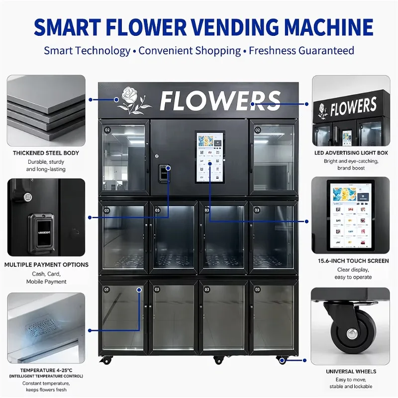 Automated Flower Vending Machine Smart Floral Bouquet Dispenser Contactless Kiosk 24/7 Airport Customized