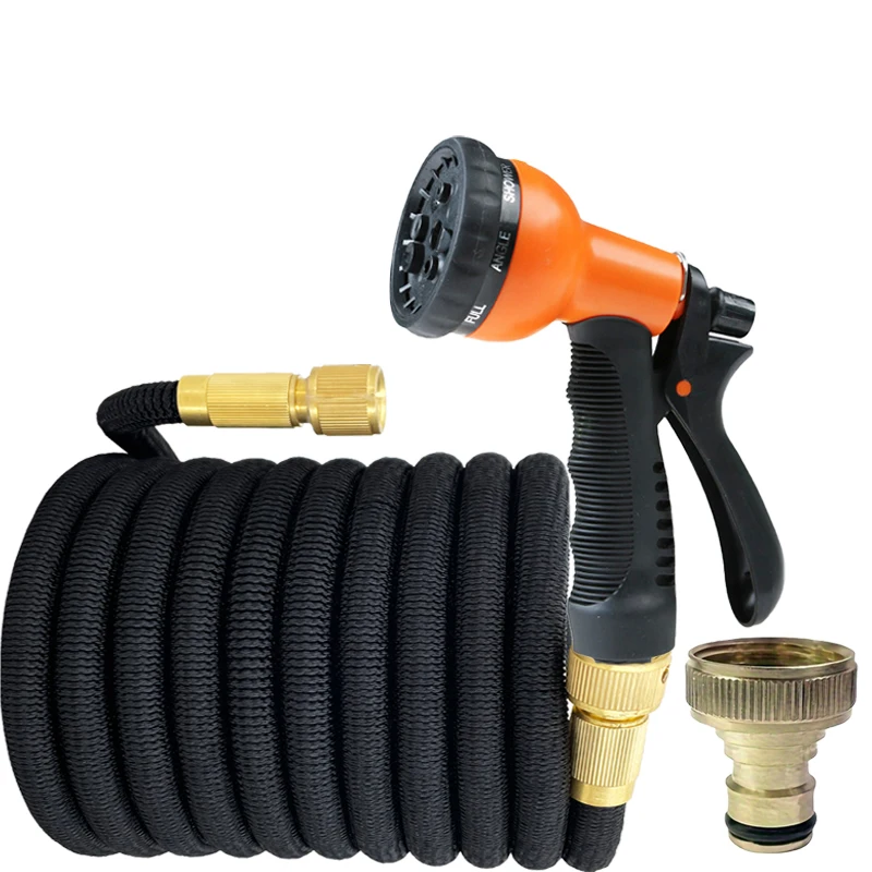 

An Expandable Flexible Garden Hose With An 8-in-1 High-pressure Water Gun And Irrigation Tool, Used For Courtyard Lawns