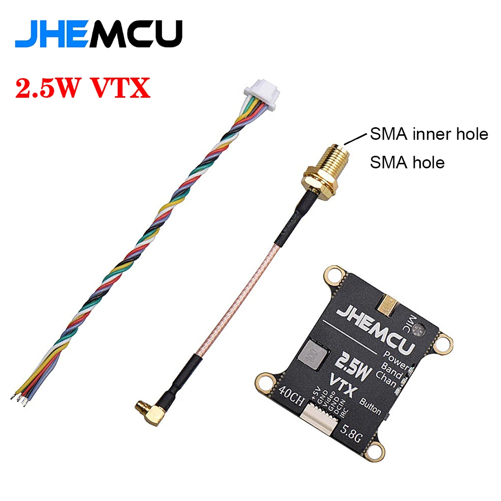 

JHEMCU 2.5W VTX 5.8G 40CH Adjustable FPV Transmitter Built-in Microphone Heat Sink 2-6S 30X30mm for RC Airplane FPV Long Range