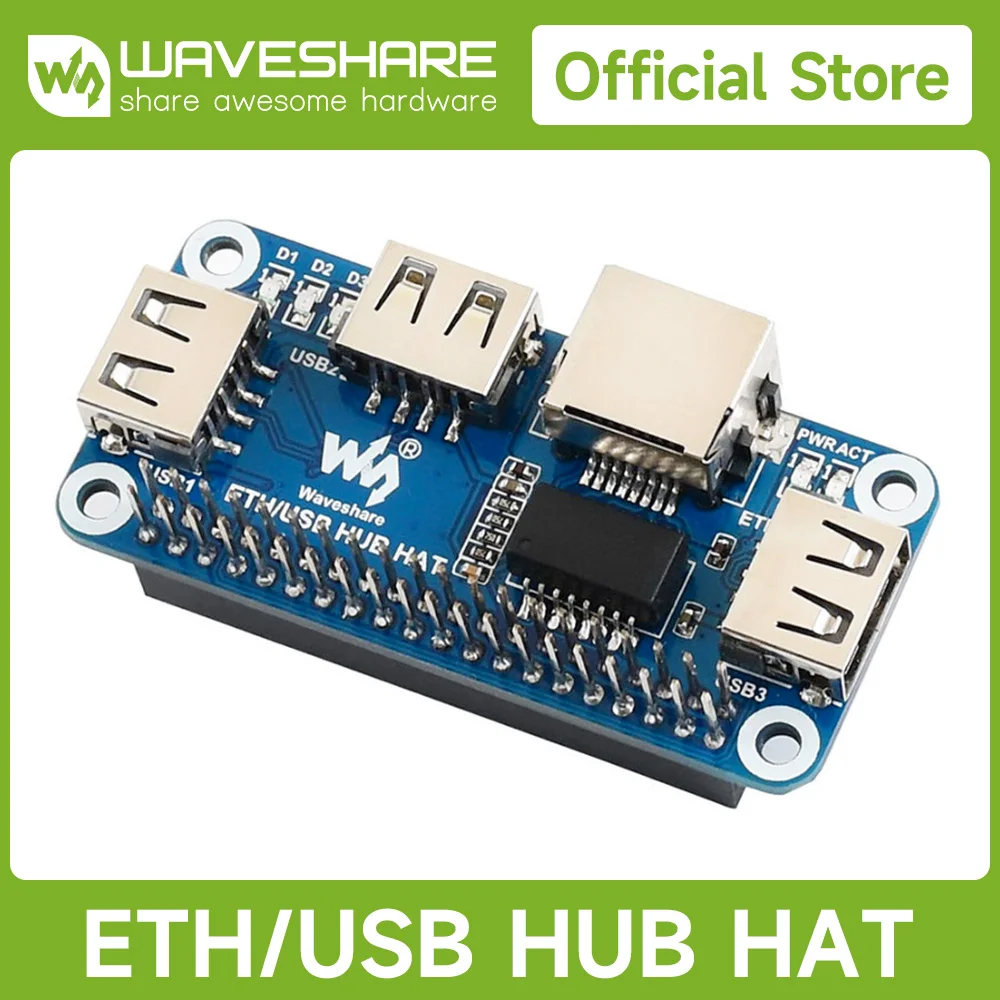 

Waveshare Ethernet / USB HUB HAT for Raspberry Pi 5/4B/3B/Pi Zero/Zero W/Zero 2W, 1x RJ45 Ethernet Port 3x USB Ports