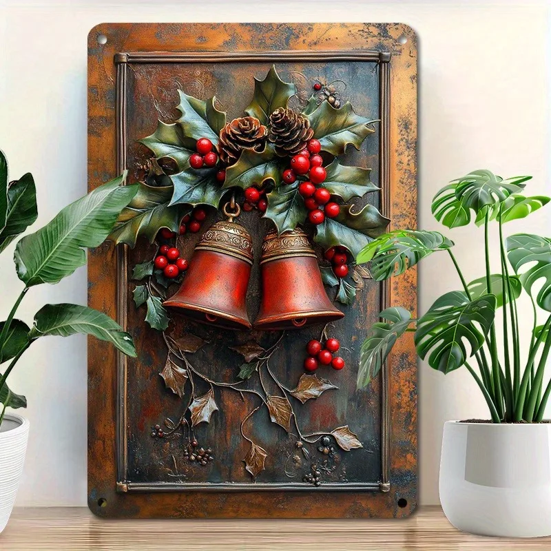 

Christmas-Themed Aluminum Metal Wall Art with 3D Visual Effect, Holly and Bells Decor for Home, 1pc, Decorative Wall Plaque