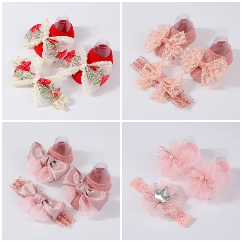 Sweet Baby Girl Princess Socks Headbands Set Lace Bowknot Newborn Elasitc Hair Bands Short Sock Infant Hair Accessories